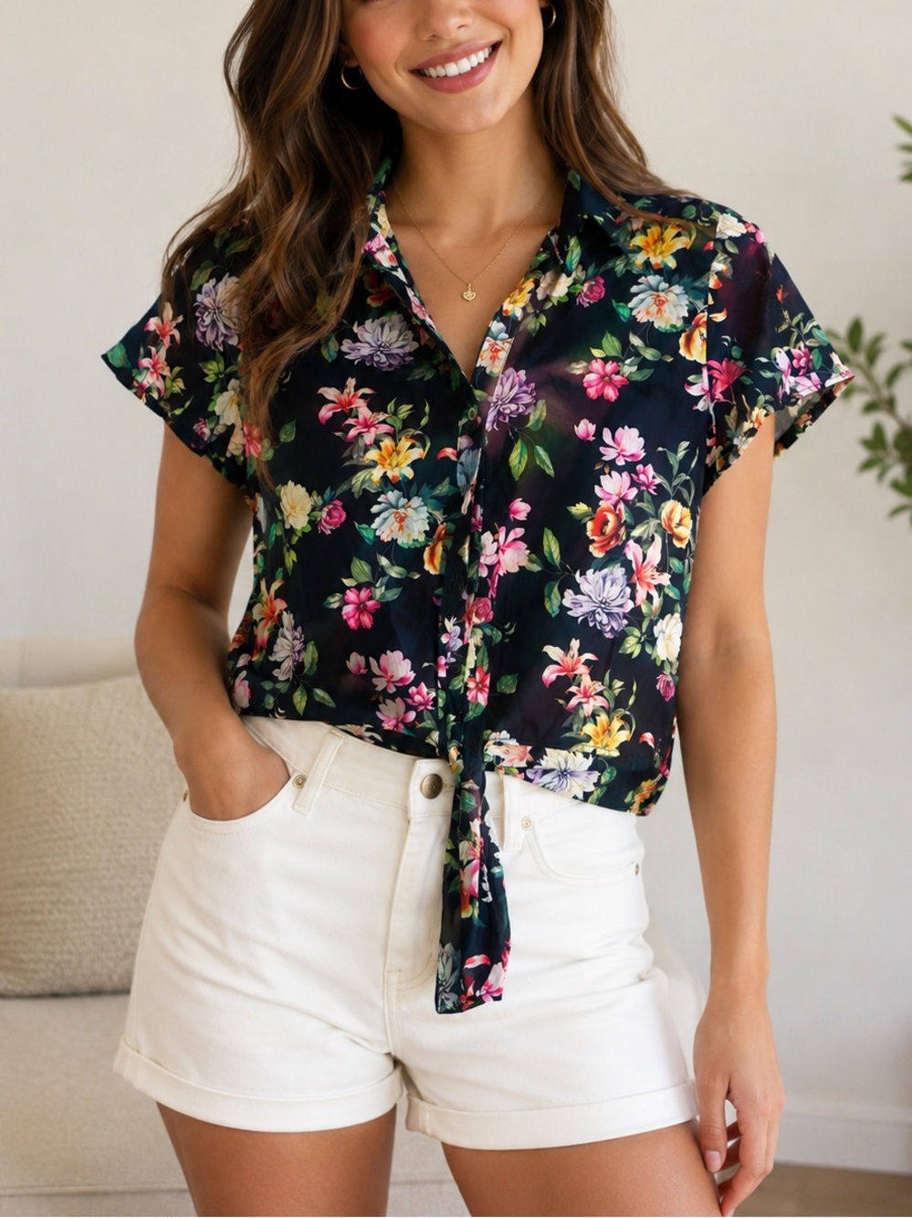 Vintage Floral Tie-Front Crop Shirt